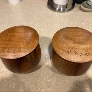 Lot of 2 Ryze Hand Made Acacia Wood  Containers. Ryze Mushroom Jars, Seal tight